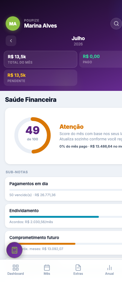 Tela Saúde Financeira do Poupize